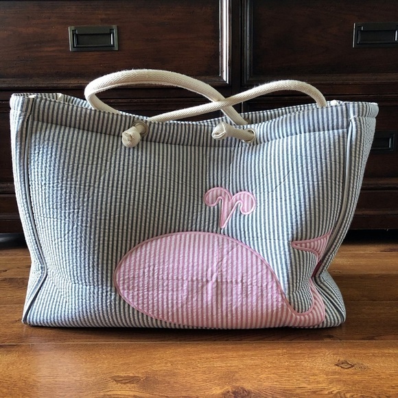 Navy & white striped seersucker whale X-large tote travel bag - Picture 1 of 7